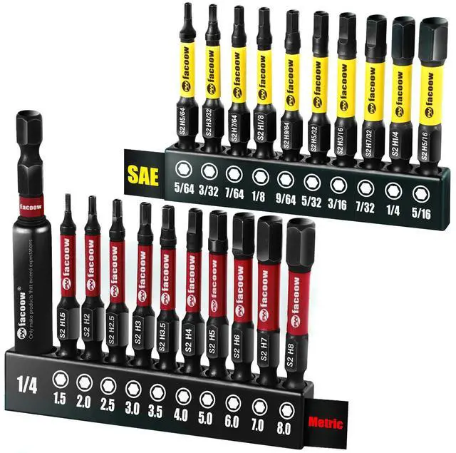 Main image of 21PCS Impact Hex Bit Set, 2" Long SAE & Metric S2 Alloy Steel Allen Wrench Drill Bits Set with Strong Magnetic Tips, CNC Machined 1/4 Hex-Shank Allen Key Bits with Bit Holder & Storange Box