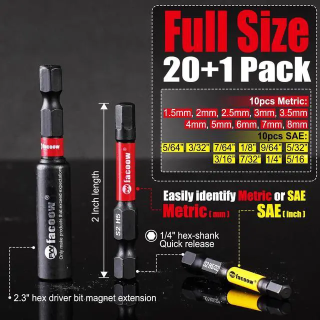 Alt view image 2 of 7 - 21PCS Impact Hex Bit Set, 2" Long SAE & Metric S2 Alloy Steel Allen Wrench Drill Bits Set with Strong Magnetic Tips, CNC Machined 1/4 Hex-Shank Allen Key Bits with Bit Holder & Storange Box