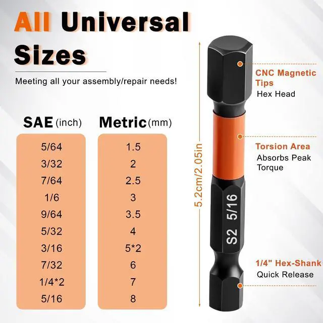 Alt view image 2 of 7 - 20PCS Impact Hex Bit Set Metric&SAE, 1/4" Hex Shank S2 Alloy Steel Allen Wrench Drill Bits with Magnetism, 2" Long Magnetic Hex Driver Set for Impact Driver DIY & Automotive Home