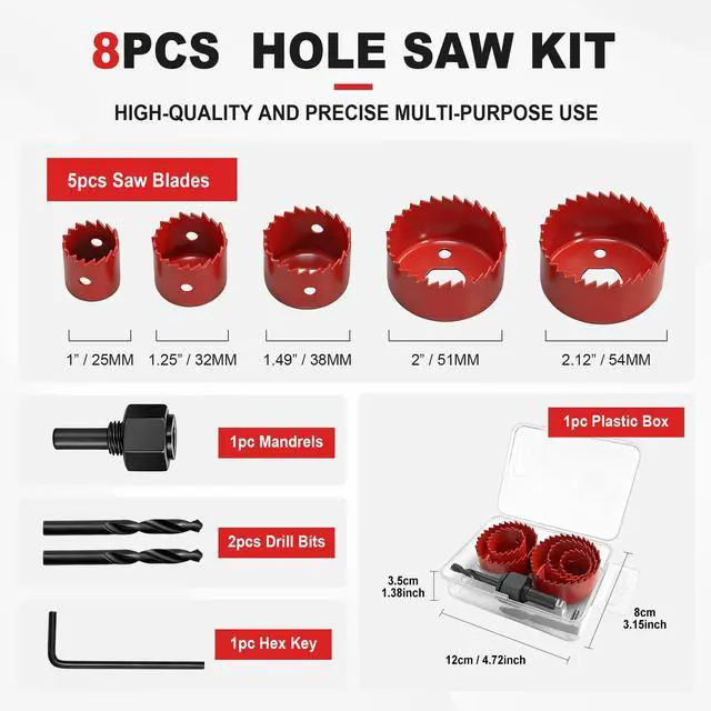Alt view image 2 of 7 - 8PCS Hole Saw Kit 1" to 2-1/8" for Wood, Drywall, Plastic in Case, Red