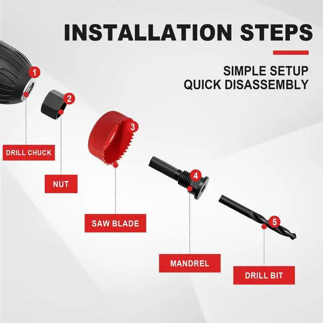 Alt view image 3 of 7 - 8PCS Hole Saw Kit 1" to 2-1/8" for Wood, Drywall, Plastic in Case, Red