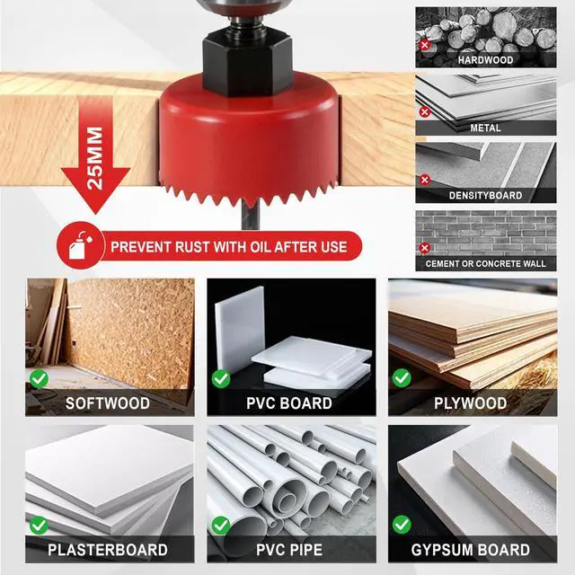 Alt view image 5 of 7 - 8PCS Hole Saw Kit 1" to 2-1/8" for Wood, Drywall, Plastic in Case, Red