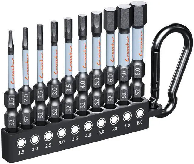 Main image of 2-Inch Compact Hex Bit Set 10PCS Metric - Short Impact Allen Wrench Drill Bits, S2 Steel 1/4" Hex-Shank, CNC Machined Tips with Storage Case & Carabiner Clip