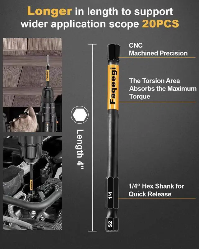 Alt view image 3 of 7 - 20PCS Hex Bit Set 4" S2 Magnetic Metric SAE Impact Drill Bits