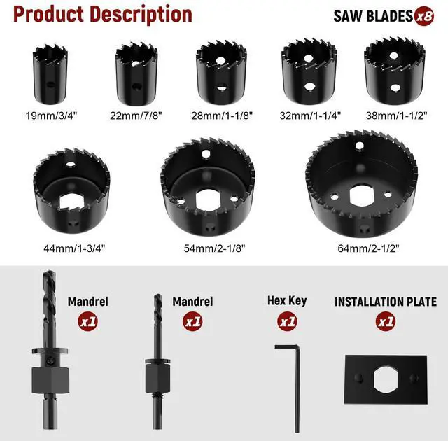 Alt view image 4 of 7 - 12-Piece Hole Saw Kit, Includes 8 Sizes (3/4" to 2-1/2"), Arbors, Drill Bits, and Hex Key, Ideal for Softwood, Plywood, and PVC (Black)