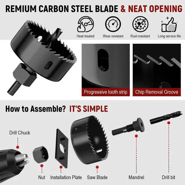 Alt view image 5 of 7 - 12-Piece Hole Saw Kit, Includes 8 Sizes (3/4" to 2-1/2"), Arbors, Drill Bits, and Hex Key, Ideal for Softwood, Plywood, and PVC (Black)