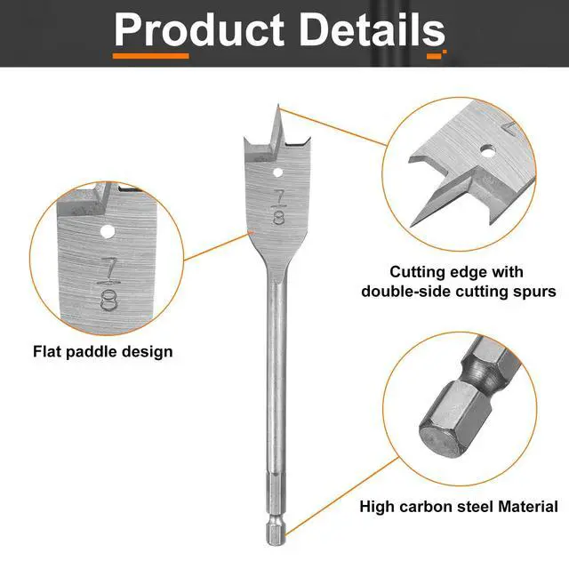Alt view image 4 of 7 - 3Pcs Spade Drill Bit 7/8" Paddle Flat Bits Wood Hole Cutter with Quick Change 1/4 Inch Hex Shank for Woodworking Fiberglass, Silver Tone