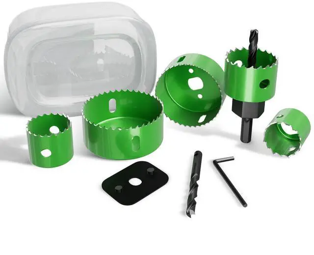 Main image of 9 Piece Hole Saw Set - High Carbon Steel 25-54mm (1" to 2-1/8") Blades for Drywall, Softwood, Plastic, and PVC; Professional Grade with Instant Support