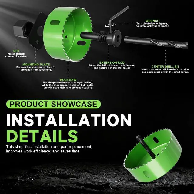 Alt view image 4 of 6 - 9 Piece Hole Saw Set - High Carbon Steel 25-54mm (1" to 2-1/8") Blades for Drywall, Softwood, Plastic, and PVC; Professional Grade with Instant Support