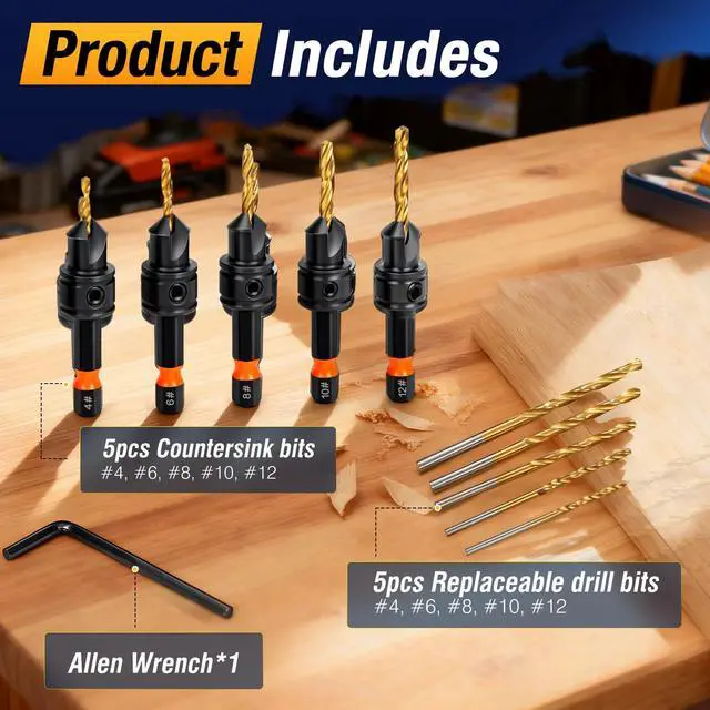 Alt view image 2 of 6 - Countersink Drill Bit Set, 11pcs Countersink Drill Bits#4, #6, #8, #10, #12, Titanium Coated 1/4 Inch Hex Shank, Adjustable Depth Pilot Hole Drill Bits, Countersink Drill Bit for Wood
