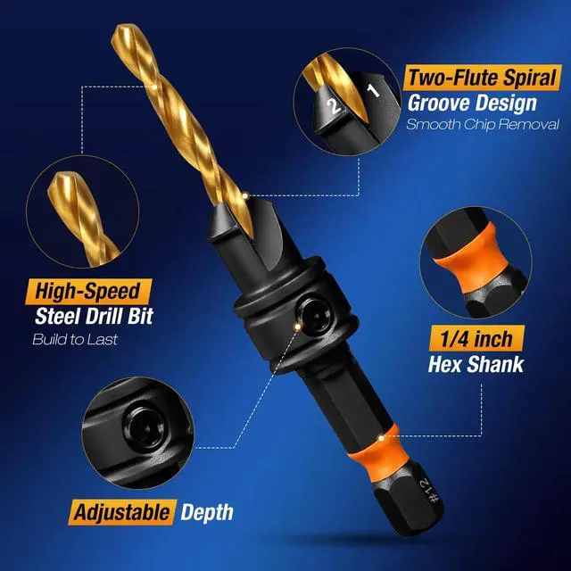 Alt view image 3 of 6 - Countersink Drill Bit Set, 11pcs Countersink Drill Bits#4, #6, #8, #10, #12, Titanium Coated 1/4 Inch Hex Shank, Adjustable Depth Pilot Hole Drill Bits, Countersink Drill Bit for Wood