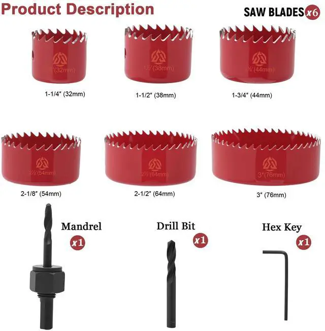 Alt view image 2 of 7 - 9-Piece Hole Saw Kit (1-1/4 to 3 / 32-76mm) with Mandrels, Arbor, and Case for Soft Wood, PVC Board, and PlywoodRed