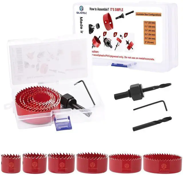 Main image of 9-Piece Hole Saw Kit (1-1/4 to 3 / 32-76mm) with Mandrels, Arbor, and Case for Soft Wood, PVC Board, and PlywoodRed