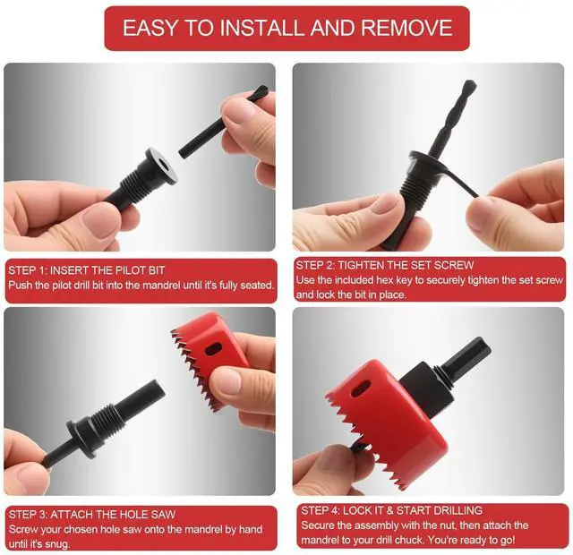 Alt view image 5 of 7 - 9-Piece Hole Saw Kit (1-1/4 to 3 / 32-76mm) with Mandrels, Arbor, and Case for Soft Wood, PVC Board, and PlywoodRed