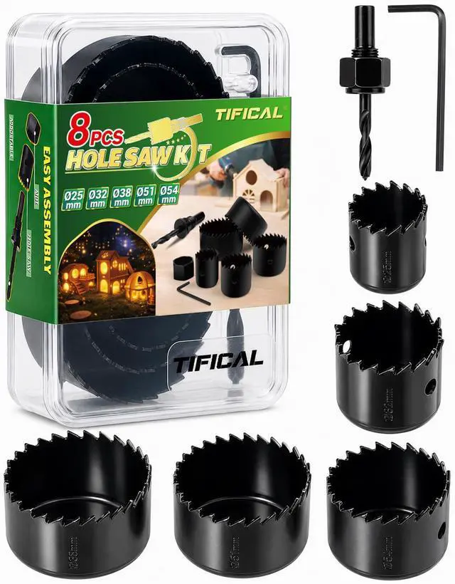 Main image of 8PCS Hole Saw Kit, 1" to 2-1/8" (25-54mm) Hole Saw Drill Bit Set in Case with Mandrel, Hex Key, Drill Bits for Wood, PVC, Plywood, Drywall Cutting Tool, Holesaw Kit for Door Knob, Home DIY