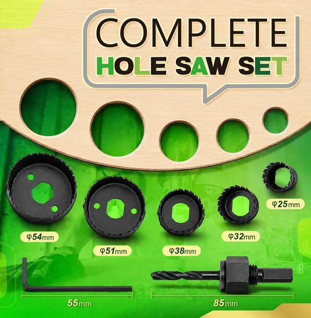 Alt view image 3 of 6 - 8PCS Hole Saw Kit, 1" to 2-1/8" (25-54mm) Hole Saw Drill Bit Set in Case with Mandrel, Hex Key, Drill Bits for Wood, PVC, Plywood, Drywall Cutting Tool, Holesaw Kit for Door Knob, Home DIY