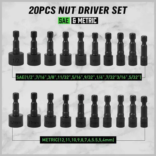 Alt view image 3 of 7 - 20PCS Power Nut Driver Set for Impact Drill, 1/4 Hex Head Drill Bit Set SAE and Metric