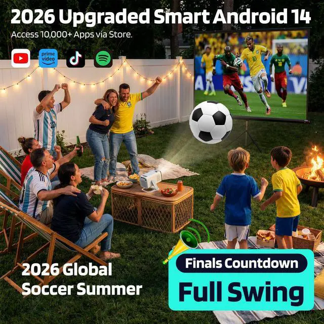 Alt view image 2 of 7 - Mini Projector for Bedroom & Outdoor, Smart Phone Control App, Android 14 Portable Proyector, 1080P with 4K Support, WiFi 6 Bluetooth 5.4, 210°, Auto Keystone, 40-100" Short Throw Movie Projector