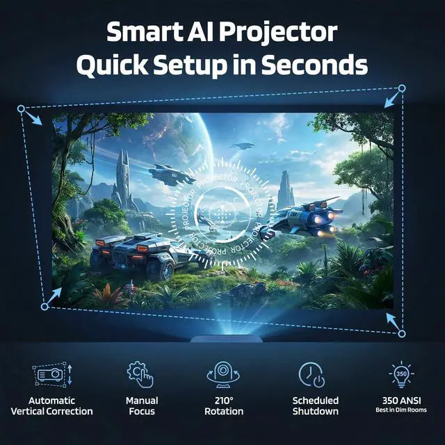 Alt view image 6 of 7 - Mini Projector for Bedroom & Outdoor, Smart Phone Control App, Android 14 Portable Proyector, 1080P with 4K Support, WiFi 6 Bluetooth 5.4, 210°, Auto Keystone, 40-100" Short Throw Movie Projector