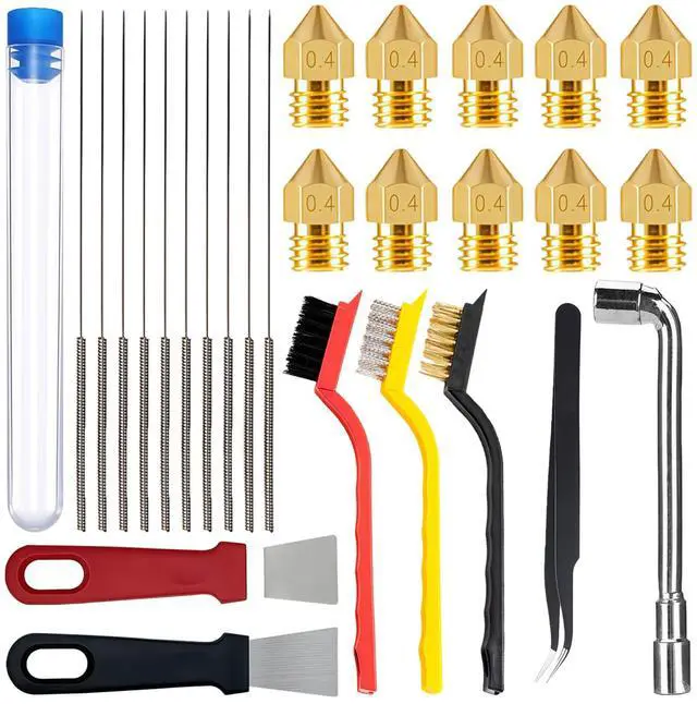 Main image of 3D Printer Nozzle Cleaning Kit, 28Pcs 3D Printing Tool Kit Includes 10 Needle Cleaner Tools with Storage Box, 10 0.4mm Nozzles, 1 Tweezer, 3 Brushes, 1 L-Shaped Wrench, 2 Removal Scrapers