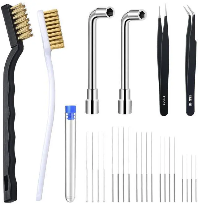 Main image of Complete 26-Piece 3D Printer Nozzle Wrench Maintenance Kit: Includes 20 Cleaning Pins with Storage Box, 2 Tweezers, 2 Copper Wire Brushes, 2 L-Shaped Wrench Tools for Optimal 3D Printing Performance