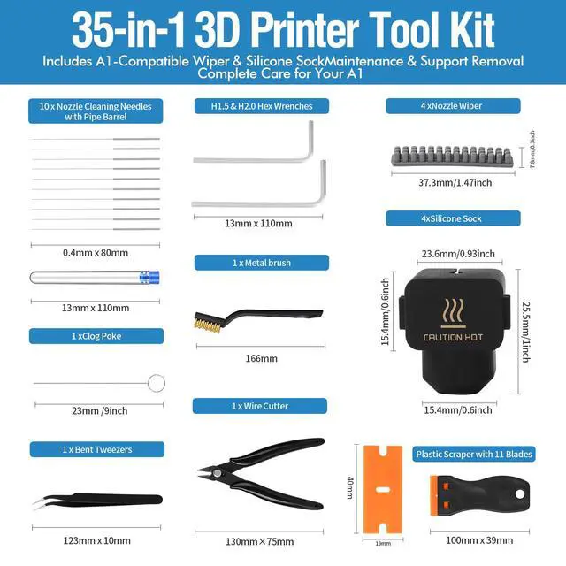 Alt view image 2 of 7 - 35Pcs 3D Printer Tool Kit Compatible with Bambu Lab A1-4X Nozzle Wiper, 4X Silicone Sock, Clog Poke, Scraper, Flush Cutter & Tweezers for 3D Printer Maintenance, Cleaning & Removal