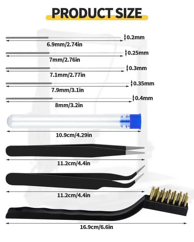 Alt view image 2 of 7 - 3D Printer Nozzle Cleaning Kit - 50 PCS 0.2/0.25/0.3/0.35/0.4 mm Stainless Steel Nozzle Cleaning Needles, 2 Types Sophisticated Tweezers and Copper Wire Cleaning Brush for 3D Printer Accessory