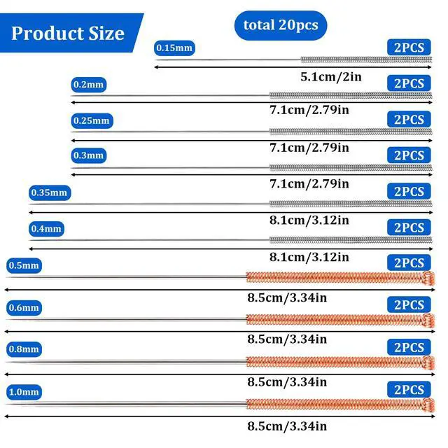 Alt view image 2 of 7 - 20Pcs 3D Printer Nozzle Cleaning Kit Needles, Stainless Steel Nozzle Unclogger No Clogger Welding Tip Cleaner Tools Accessories for Drills, (0.15, 0.2, 0.25, 0.3, 0.35, 0.4, 0.5, 0.6, 0.8, 1.0mm)