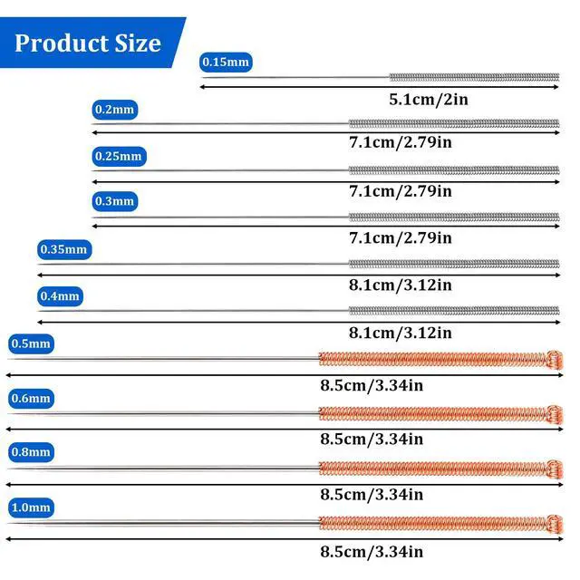 Alt view image 2 of 7 - 10Pcs No Clogger 3D Printer Tools Nozzle Cleaning Kit Needles, Stainless Steel Nozzle Unclogger Welding Tip Cleaner Accessories for Drills, (0.15, 0.2, 0.25, 0.3, 0.35, 0.4, 0.5, 0.6, 0.8, 1.0mm)