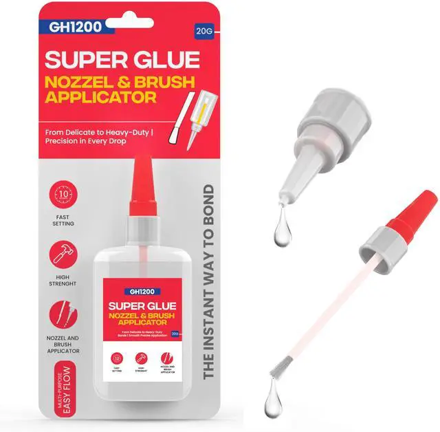 Main image of (2-in-1) Super Glue with Brush Applicator & Nozzle, Mess Free Superglue Brush, Instant Never Dries, 3000 CPS Ca Glue, No Stain Clear Glue, Super Glue for Plastic, Rubber & More