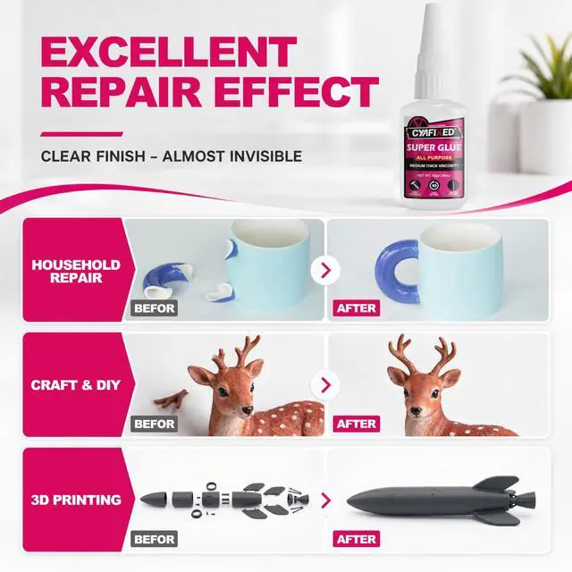 Alt view image 3 of 6 - Super Glue Liquid, Instant Clear Cyanoacrylate Medium Thick Viscosity Adhesive, Food Safe CA Glue For Shoe Repair Leather Ceramic Plastic Glass Metal Wood Aquarium Porcelain Rubber Pottery Model Craft
