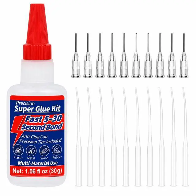 Main image of Super Glue Kit, 1.06 fl oz Liquid CA Glue with Anti-Clog Cap and Tips