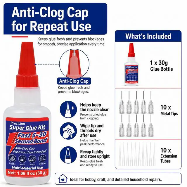 Alt view image 2 of 7 - Super Glue Kit, 1.06 fl oz Liquid CA Glue with Anti-Clog Cap and Tips