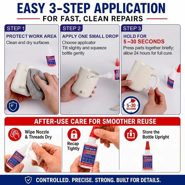 Alt view image 6 of 7 - Super Glue Kit, 1.06 fl oz Liquid CA Glue with Anti-Clog Cap and Tips