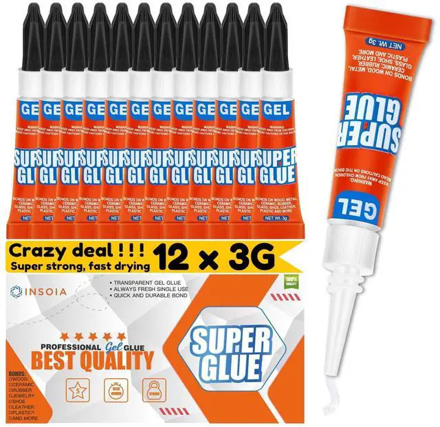 Main image of Super Glue Gel Clear Non-Drip, 12 X 3g All Purpose Strong Adhesive Ca Glue Quick Dry Instant Glue for Plastic, Metal, Ceramic, Shoe, Wood, Leather, Model, Aquarium, Rhinestone, Jewelry and DIY Crafts