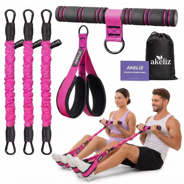 Main image of Pedal Resistance Band with Handle, 3 Tube Adjustable Foot Pedal Resistance Bands for Abs, Core, Arm, Leg, Sit Up Exercise Equipment for Women Men, Multifunction Tension Rope Home Workout (Pink)