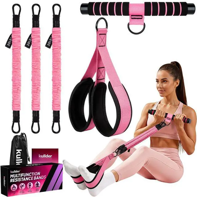 Main image of Upgraded Multifunction Pedal Resistance Band with Handle, 3 Tube Adjustable Resistance Bands, Full Body Fitness Exercise Equipment for Abdomen, Waist, Arm, Core/ABS, Leg, Physical Therapy (Pink)