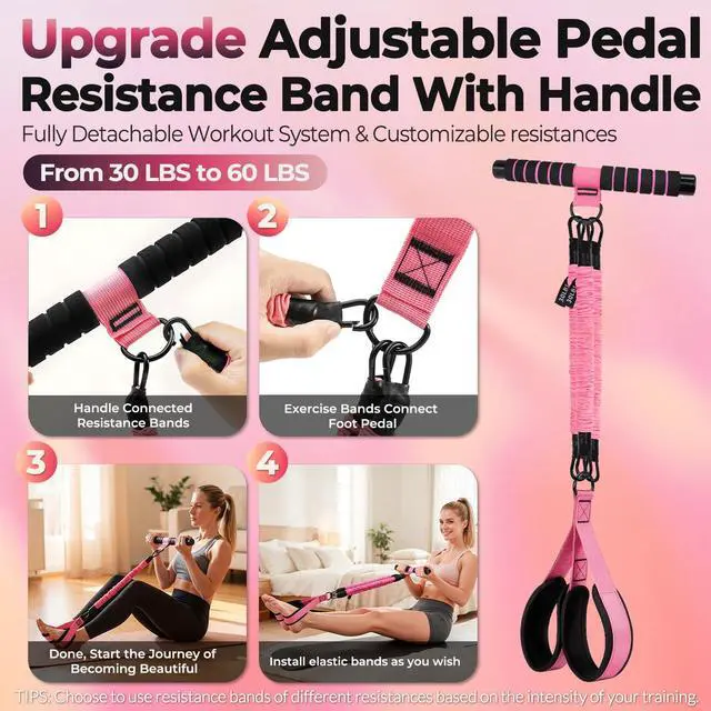 Alt view image 2 of 7 - Upgraded Multifunction Pedal Resistance Band with Handle, 3 Tube Adjustable Resistance Bands, Full Body Fitness Exercise Equipment for Abdomen, Waist, Arm, Core/ABS, Leg, Physical Therapy (Pink)