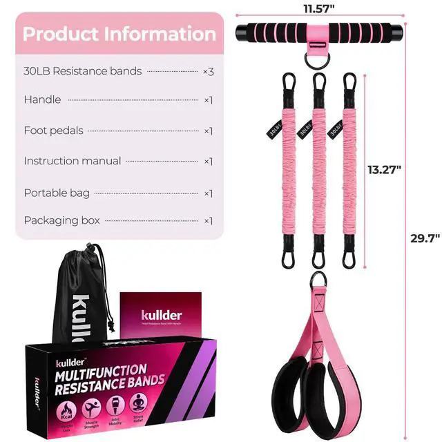 Alt view image 7 of 7 - Upgraded Multifunction Pedal Resistance Band with Handle, 3 Tube Adjustable Resistance Bands, Full Body Fitness Exercise Equipment for Abdomen, Waist, Arm, Core/ABS, Leg, Physical Therapy (Pink)