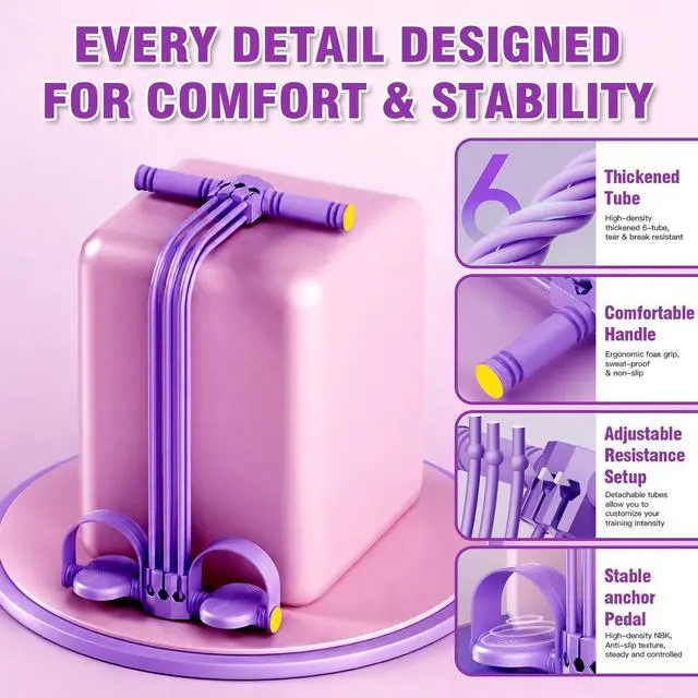 Alt view image 3 of 7 - Multifunction Foot Pedal Resistance Bands with Handles, 6-Tube Adjustable Elastic Yoga Exercise Bands, Home Gym Fitness Equipment for Abdomen, Core, Waist, Arm, Leg StretchingPurple