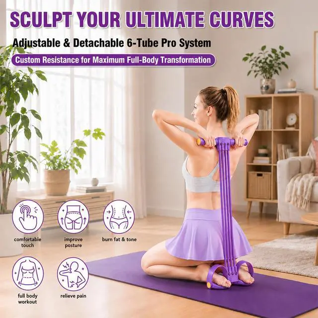 Alt view image 2 of 7 - Multifunction Foot Pedal Resistance Bands with Handles, 6-Tube Adjustable Elastic Yoga Exercise Bands, Home Gym Fitness Equipment for Abdomen, Core, Waist, Arm, Leg StretchingPurple