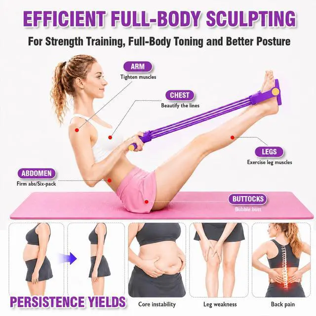 Alt view image 5 of 7 - Multifunction Foot Pedal Resistance Bands with Handles, 6-Tube Adjustable Elastic Yoga Exercise Bands, Home Gym Fitness Equipment for Abdomen, Core, Waist, Arm, Leg StretchingPurple