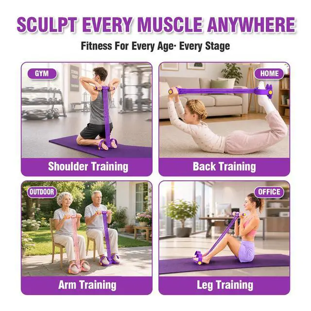 Alt view image 6 of 7 - Multifunction Foot Pedal Resistance Bands with Handles, 6-Tube Adjustable Elastic Yoga Exercise Bands, Home Gym Fitness Equipment for Abdomen, Core, Waist, Arm, Leg StretchingPurple