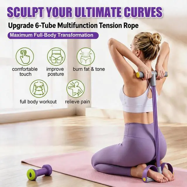 Alt view image 2 of 7 - Multifunction Foot Pedal Resistance Bands with Handles, 6-Tube Elastic Yoga Exercise Bands, Home Gym Workout Equipment for Women & Men to Abs, Core, Leg, Arm, Waist StretchingPurple-Grey