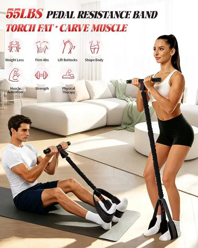 Alt view image 4 of 7 - Pedal Resistance Bands with Handles, 2026 Upgraded 55LBS Exercise Bands, Thickened Latex & Soft Foam Pedal for Core ABS Legs Arms, Physical Therapy Pilates, Sit Up Home Gym Fitness for Women Men