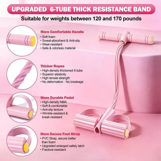 Alt view image 3 of 6 - Foot Pedal Resistance Bands with Handles, 6-Tube Multifunction Exercise Bands, Durable Home Gym Fitness Equipment for Women & Men to Tone Abs, Core, Legs, Arms, Waist (Pink)