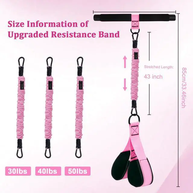 Alt view image 2 of 7 - Upgraded Pedal Resistance Band with Handle, 3 Elastic Bands 30/40/50lbs, Sit Up Exercise Equipment for Abs Core Arm Leg, Adjustable Tension Rope Home Gym for Women Men (Pink)