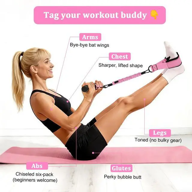 Alt view image 3 of 7 - Upgraded Pedal Resistance Band with Handle, 3 Elastic Bands 30/40/50lbs, Sit Up Exercise Equipment for Abs Core Arm Leg, Adjustable Tension Rope Home Gym for Women Men (Pink)