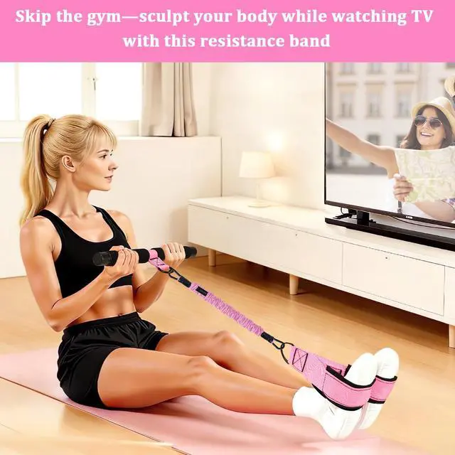 Alt view image 4 of 7 - Upgraded Pedal Resistance Band with Handle, 3 Elastic Bands 30/40/50lbs, Sit Up Exercise Equipment for Abs Core Arm Leg, Adjustable Tension Rope Home Gym for Women Men (Pink)