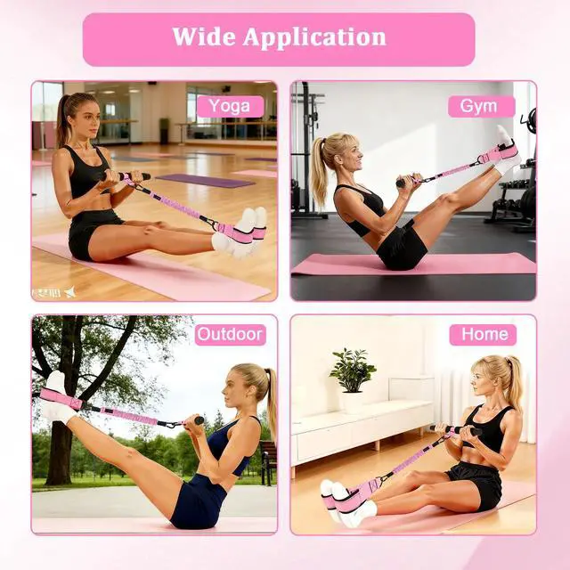 Alt view image 5 of 7 - Upgraded Pedal Resistance Band with Handle, 3 Elastic Bands 30/40/50lbs, Sit Up Exercise Equipment for Abs Core Arm Leg, Adjustable Tension Rope Home Gym for Women Men (Pink)